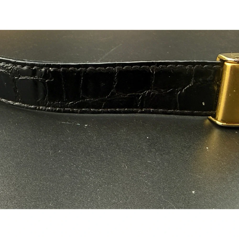 Vintage Black Croc Embossed Leather Belt Ornate Gold Buckle Spain Pat .75x35